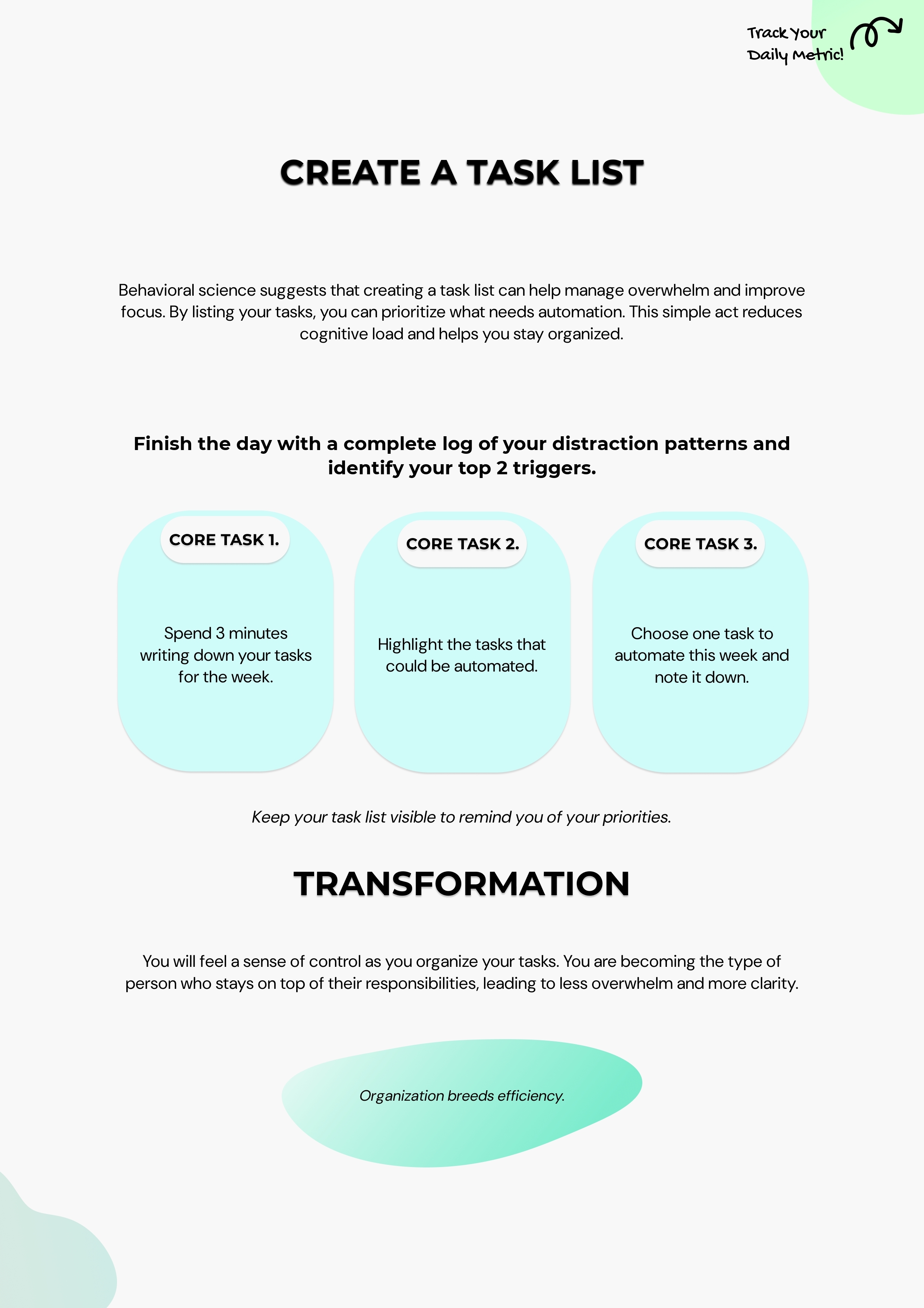 Implementation Step. Turn the system into a concrete workflow, checklist, or task structure.